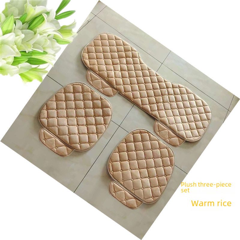 Winter car seat cushion no backrest square embroidered plush tie-free warm three-piece front and rear row single seat cushion_autovado.com