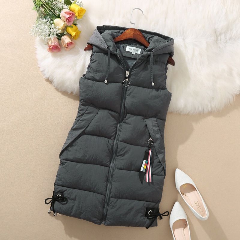 Down padded waistcoat for women autumn-winter sleeveless vest mid-length hooded vest_autovado.com