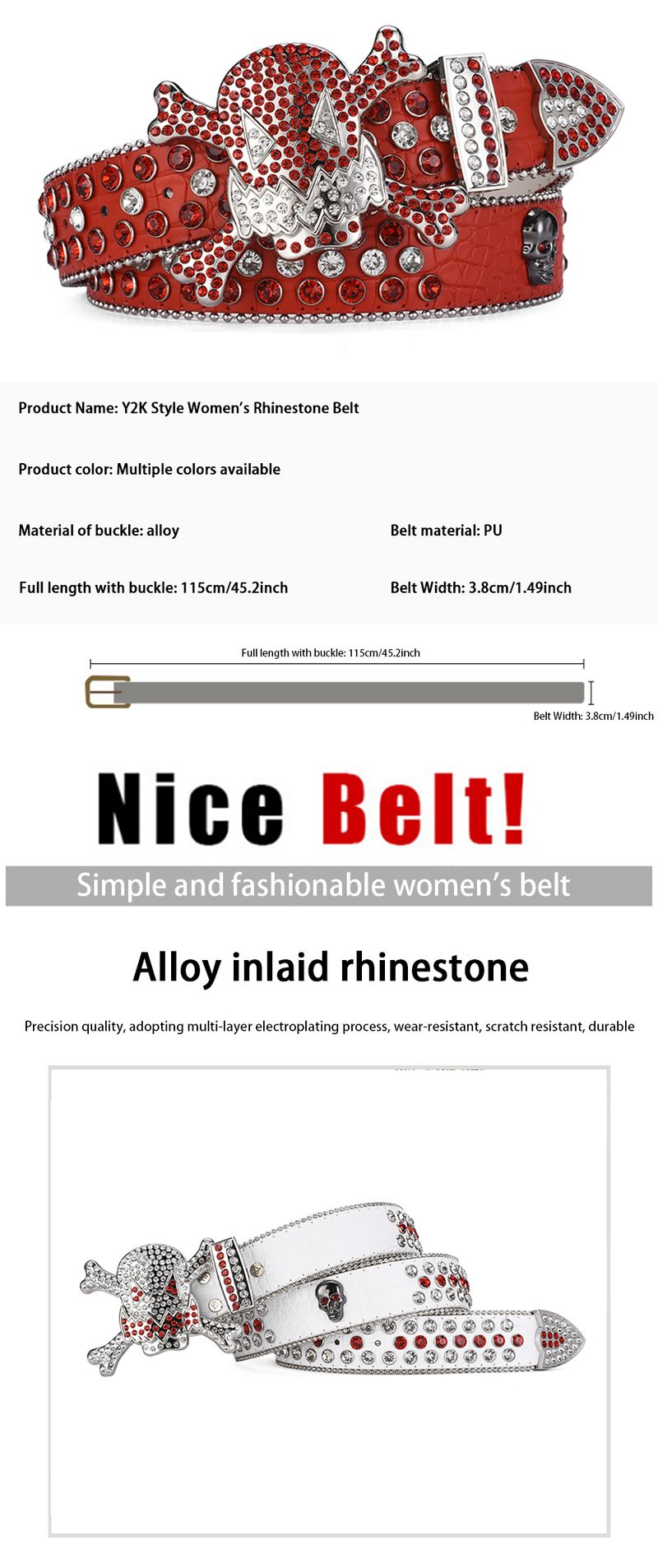 HOT Women's Jeans Skull Head Buckle Rhinestone Y2K Shiny Rivet Design Pu Artificial Diamond Punk Rock Men's Belt_autovado.com