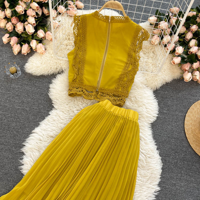 Women's fashion high-waisted lean pressed chiffon skirt two-piece set_autovado.com