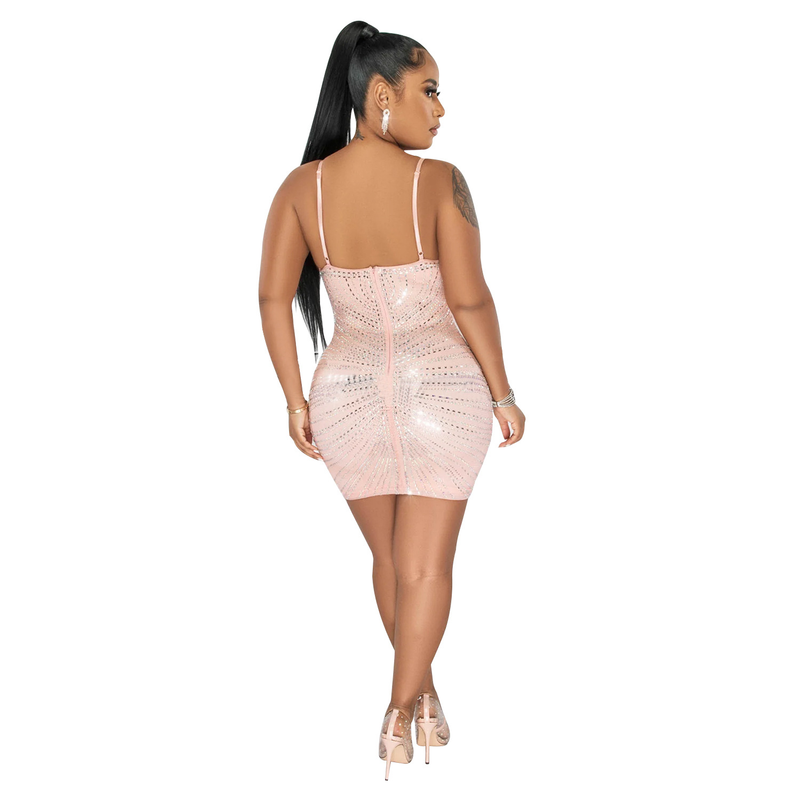 Women's hot diamond mesh suspender sleeveless short skirt dress_autovado.com