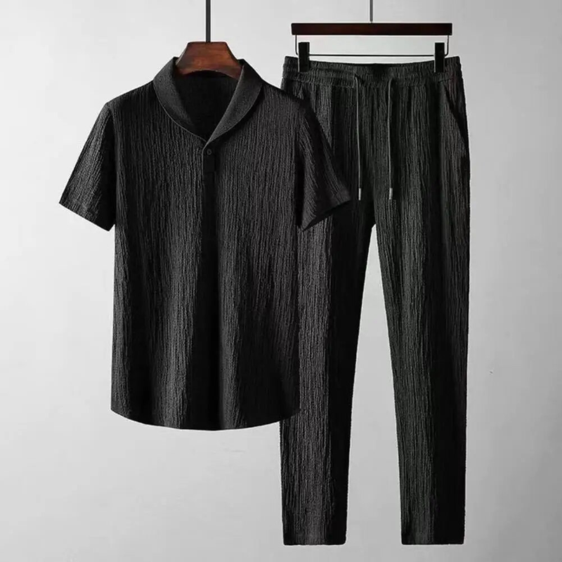 2Pcs/Set Summer Outfits Men's Sets Pure Color Short Sleeve Shirts Pants Two Piece Set Men Tracksuits спортивный костюм_autovado.com