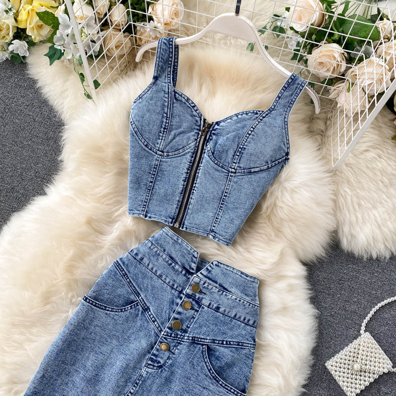Women Sexy short camisole vest high waisted denim skirt_autovado.com