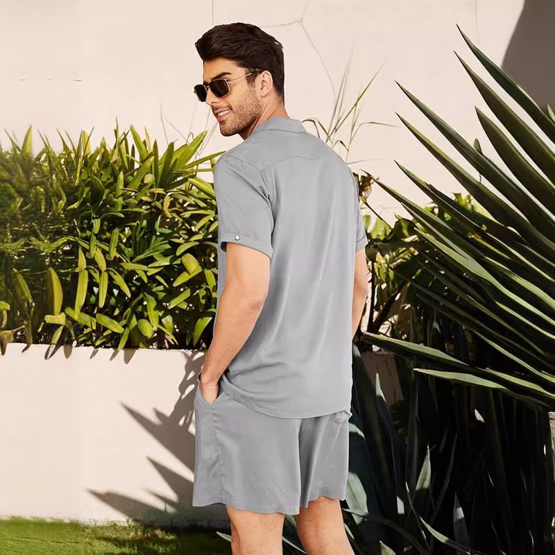 Men's Clothing Linen Short Sleeve Shirt Set Linen Summer Loose Casual Cotton Linen Cardigan Shirt Shorts_autovado.com