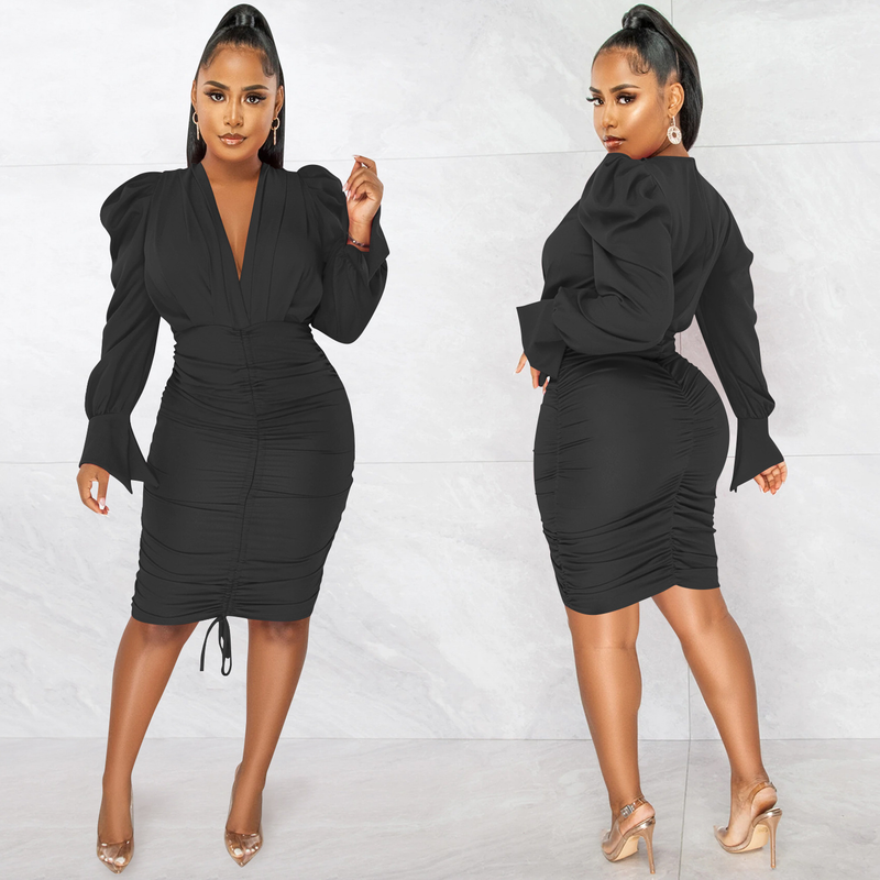 Women's Clothing fashion casual solid color long-sleeved pleated V-neck dress for women_autovado.com