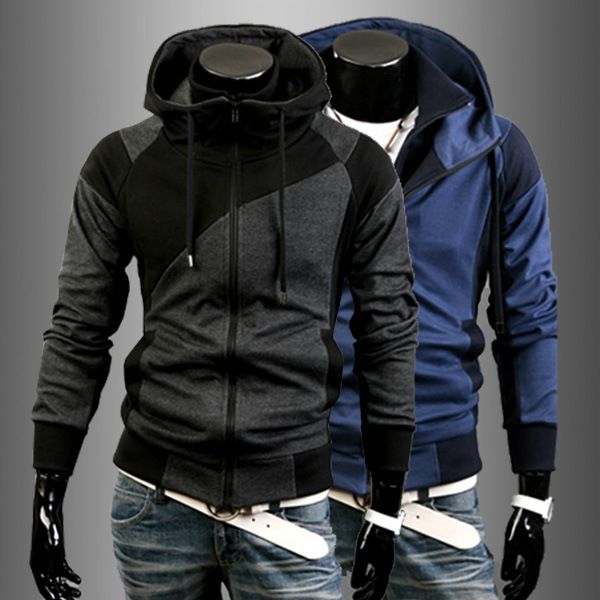 Men's Clothing Autumn and Winter New Men's Personality Colorblock Double Zipper Hooded Cardigan Slim Sweater 702_autovado.com