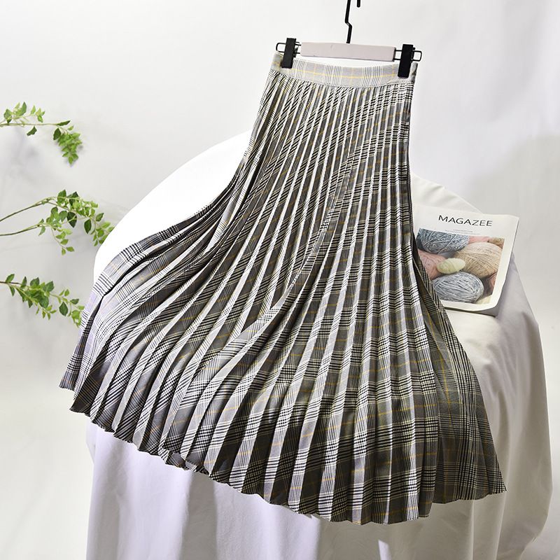 Women's Clothing Chic temperament slim plus size pleated skirt autumn and winter new high waist A line skirt women's medium and long_autovado.com