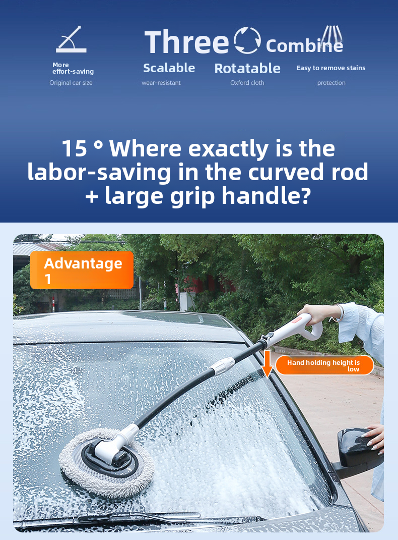 Wash Mop With Large Handle, Curved Rod, Labor-saving, Extendable, Detachable, Car Brush, Automotive Cleaning Tool_autovado.com