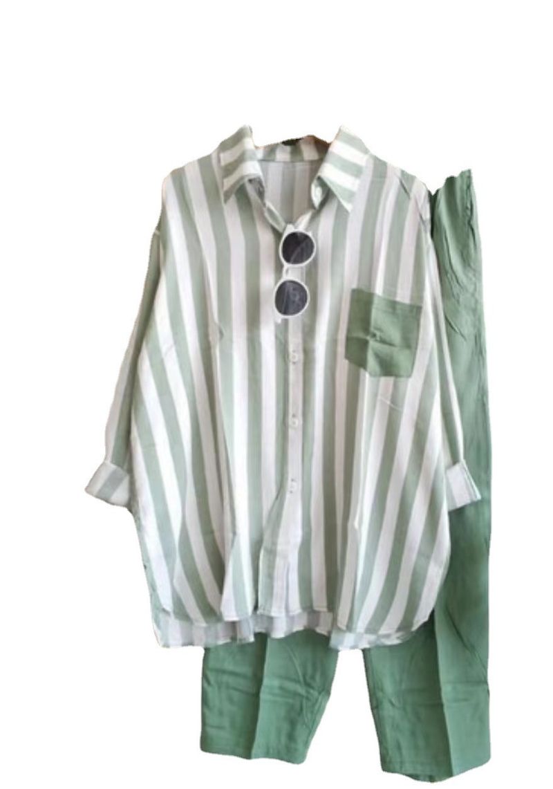Women's Plus Size Women's Clothing Summer Slightly Fat MM Fashionable Loose Slim Comfortable Casual Striped Suit_autovado.com