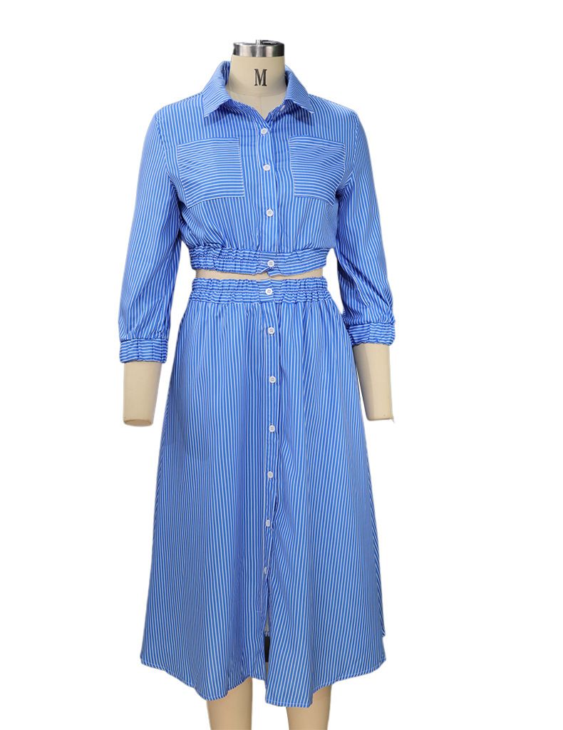 Women's Clothing Fashion Style Long Sleeve Striped Shirt Set Skirt Two Piece Set_autovado.com