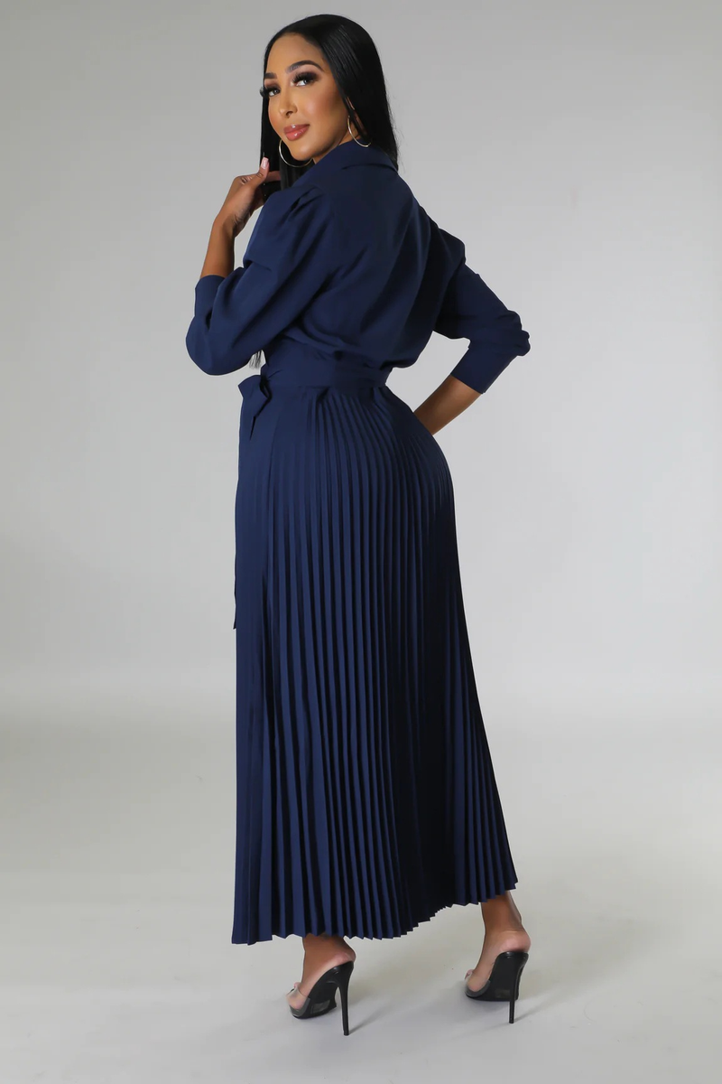 Long sleeved Polo collar high waist fashion casual pleated women's dress_autovado.com