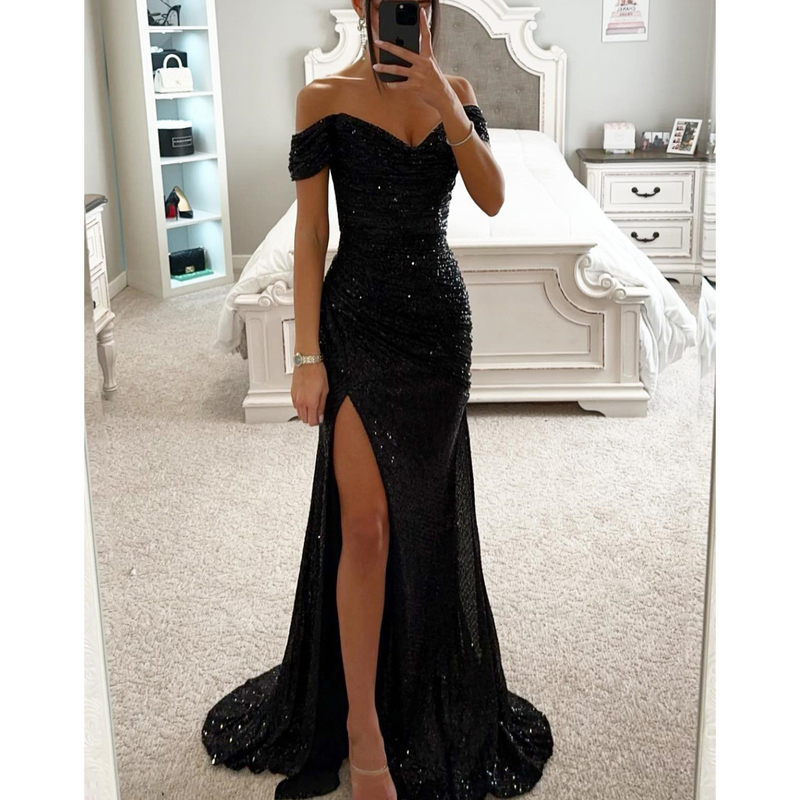 Women's Party Sequin Neckline Slit Dress INS Casual Fashion Dress_autovado.com