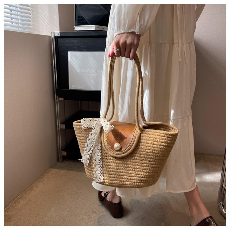 Chic Handbags 2024 New Woven Holiday Shoulder Bag Fashionable and Versatile Large-capacity Tote Bag Beach Bucket Bag_autovado.com