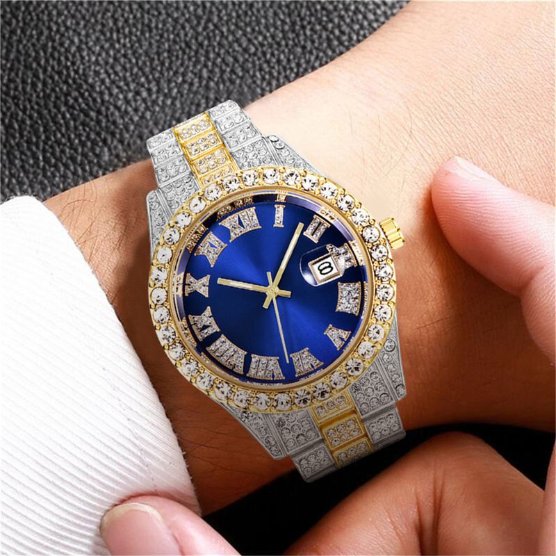 New men's steel belt quartz watch hip-hop business steel belt calendar men's full diamond men's watch men's_autovado.com