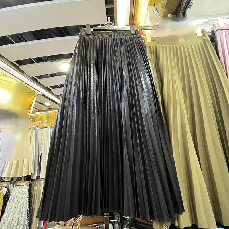 Women's Clothing autumn new high end metallic shiny silk pleated skirt high waist A line long skirt for women_autovado.com