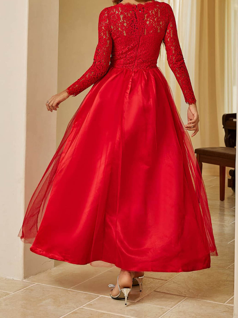 Women's new clothing mesh lace long sleeve wedding wedding dress red evening dress_autovado.com