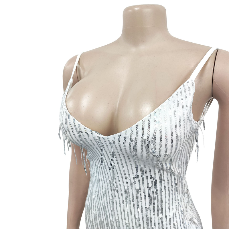 Women's solid color sequined sleeveless V-neck backless dress for women_autovado.com