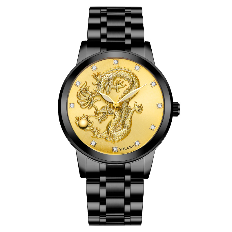 Men's Quartz Watch Men's Watch Diamond Yellow Gold Luminous Waterproof Steel Belt Relief Dragon Totem Watch_autovado.com