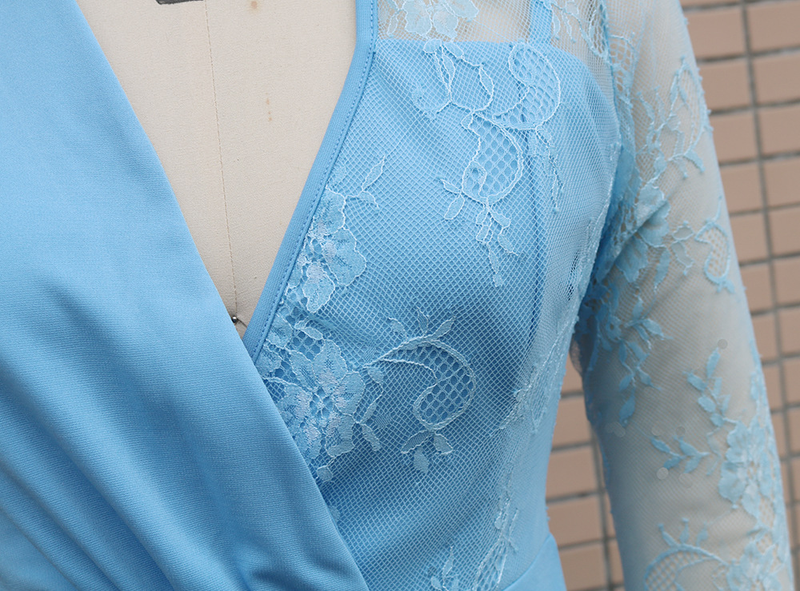Women's Deep V Neck Long Sleeve Lace Patchwork Slim Fit Hip Wrap Dress_autovado.com