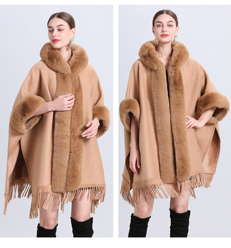 loose plaid plus velvet thick fur collar knitted shawl cape women's woolen shawl coat_autovado.com