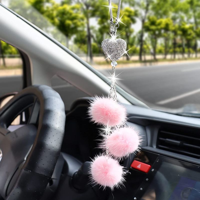 New Heart Hair Ball Rearview Mirror Decoration Car Diamond Pendant Female_autovado.com