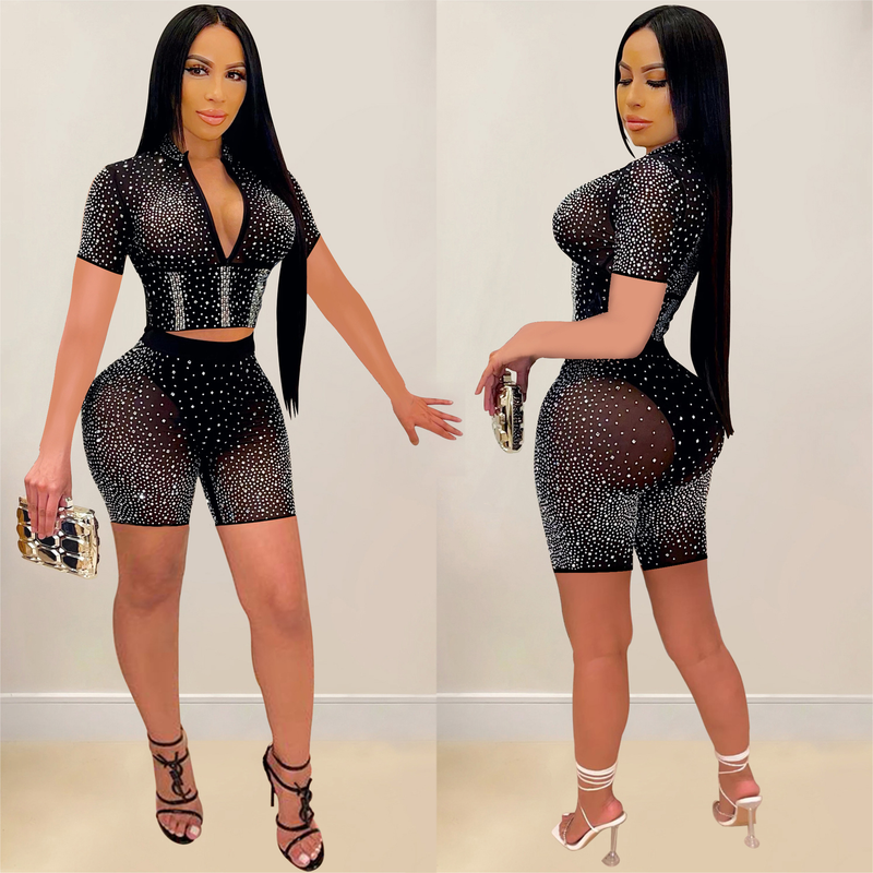 Women's Clothing fashion women's solid color mesh hot diamond short-sleeved shorts two-piece set_autovado.com
