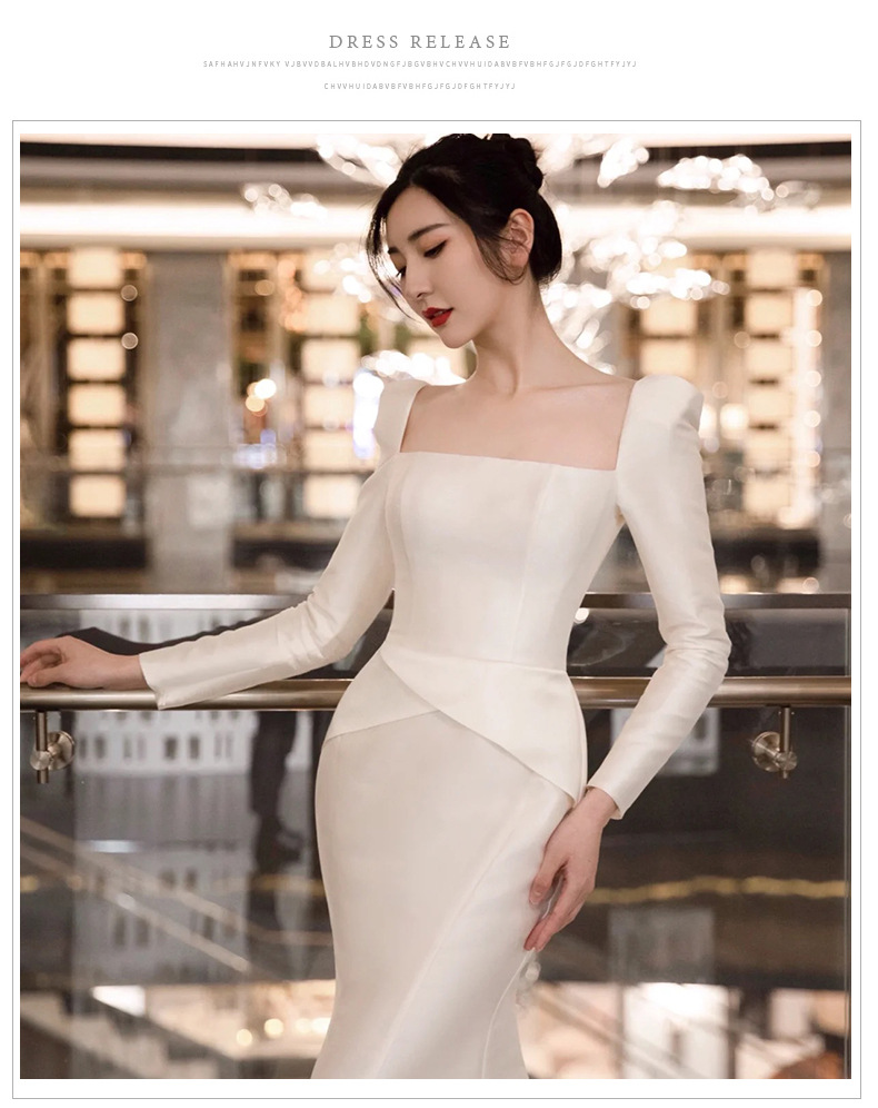 White long-sleeved wedding dress satin minimalist bride wedding reception dress host banquet annual meeting evening dress_autovado.com