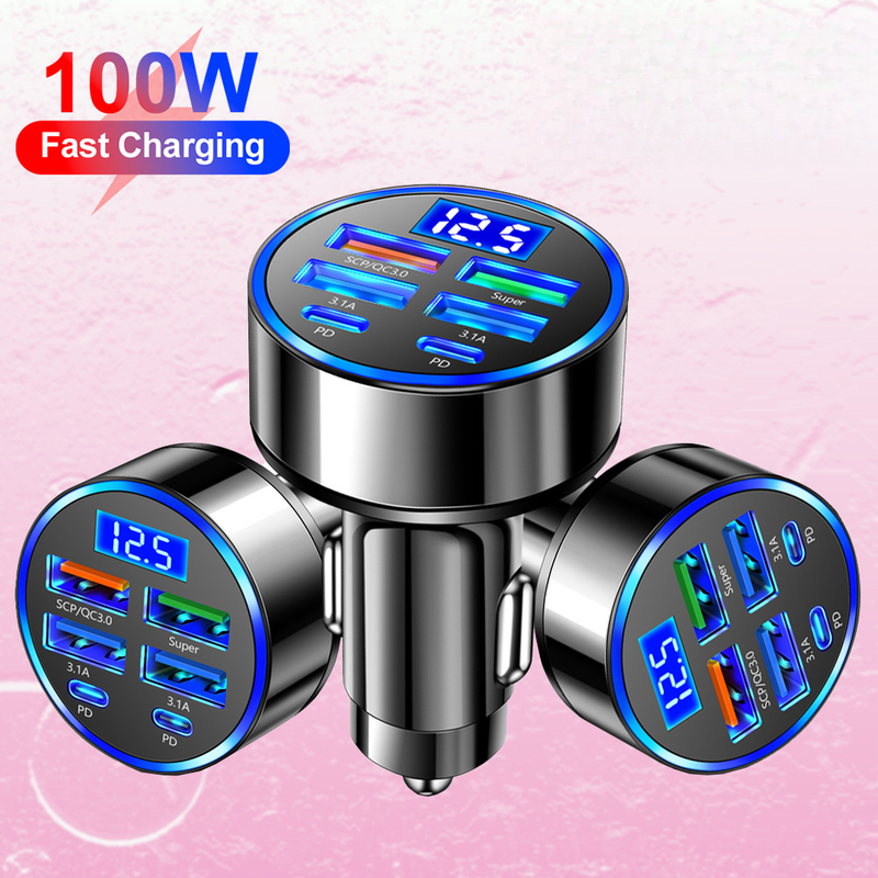 6-in-1 Multi Port Digital Display Ultra 6-port With Voltage Car Charging, One Trailer For Six Fast Charging Cars_autovado.com