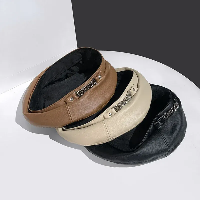 Hot Sale Vintage Women Solid Cap Pu Leather Chain Beret French Artist Warm Beanie Female Ladies All-Match Adjustable Hat_autovado.com