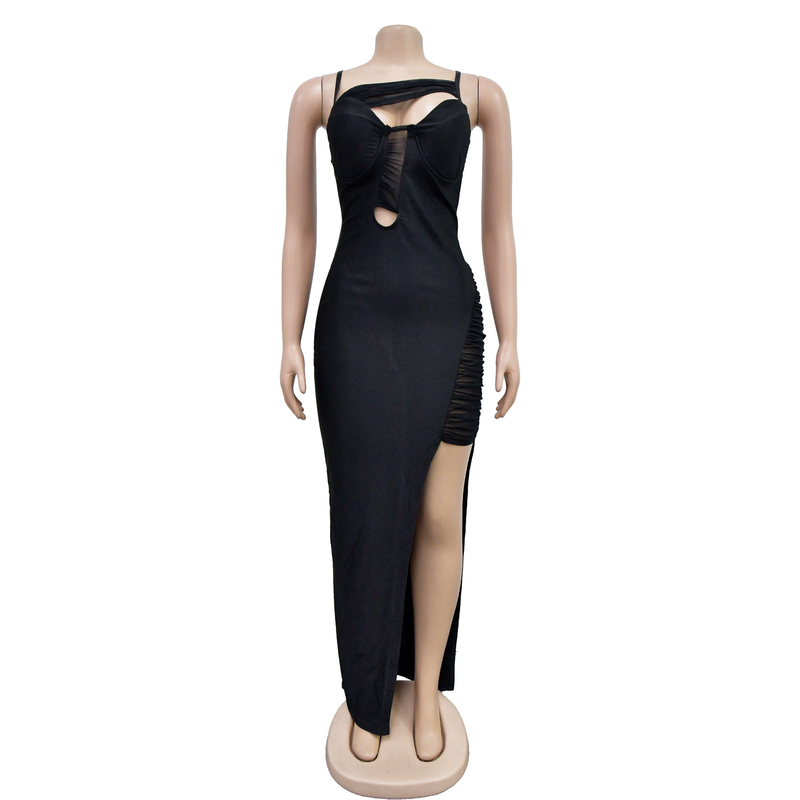 Women's Clothing fashion women's solid color mesh hollow bandage long skirt dress_autovado.com