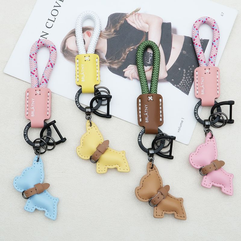Handmade Genuine Leather Puppy Keychain Anti Lost Lanyard Pendant French Fighting Dog Car Keychain Braided Rope Keychain_autovado.com