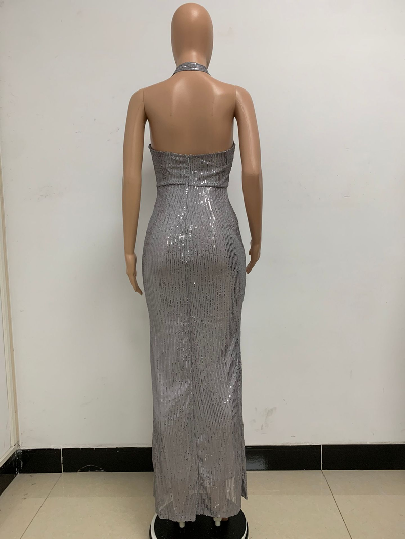 Women's slit sleeveless hot girl dress female halter neck backless sequin dress skirt_autovado.com