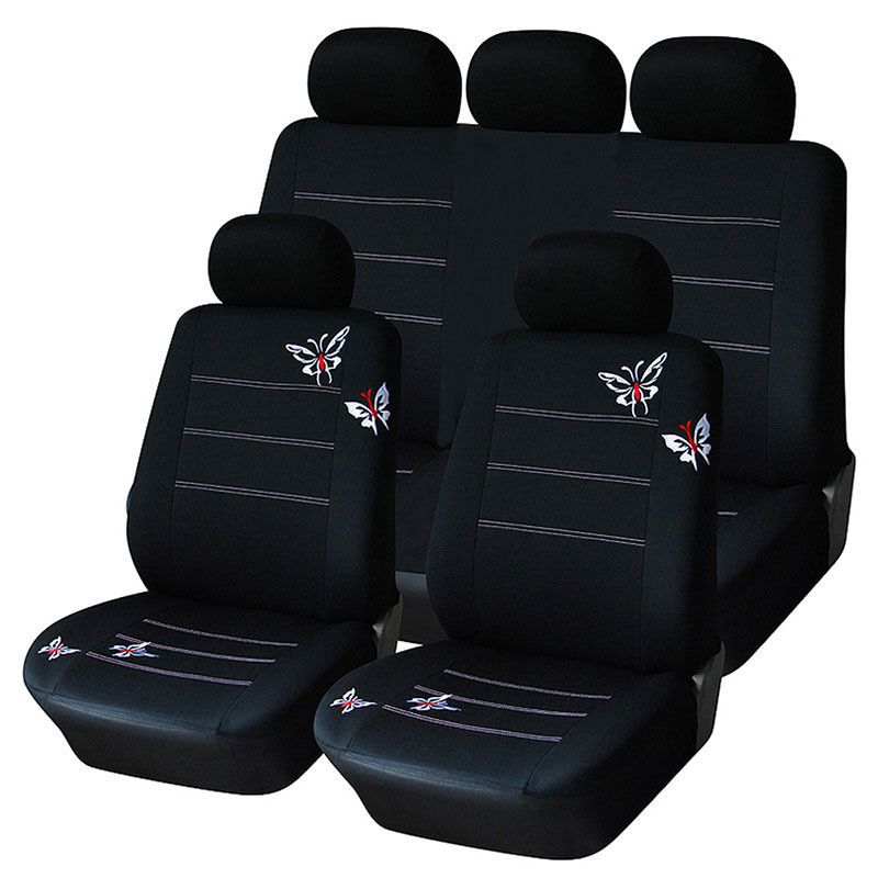 General purpose seat cover Black butterfly embroidery car seat cushion 9-piece set_autovado.com