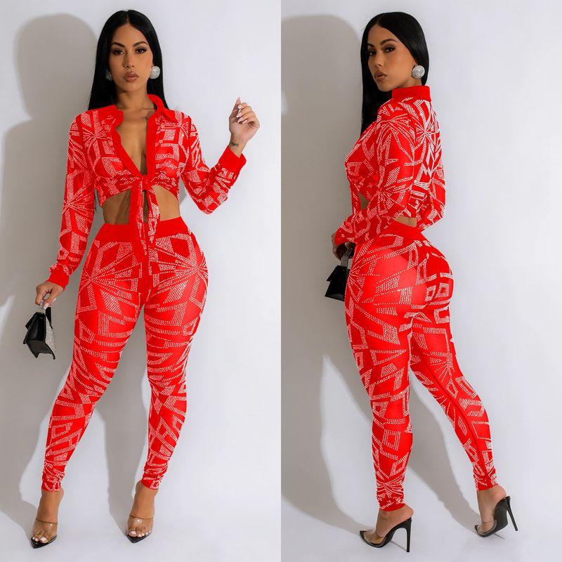 Women's Clothing fashion women's solid color mesh hot diamond long-sleeved trousers two-piece set_autovado.com
