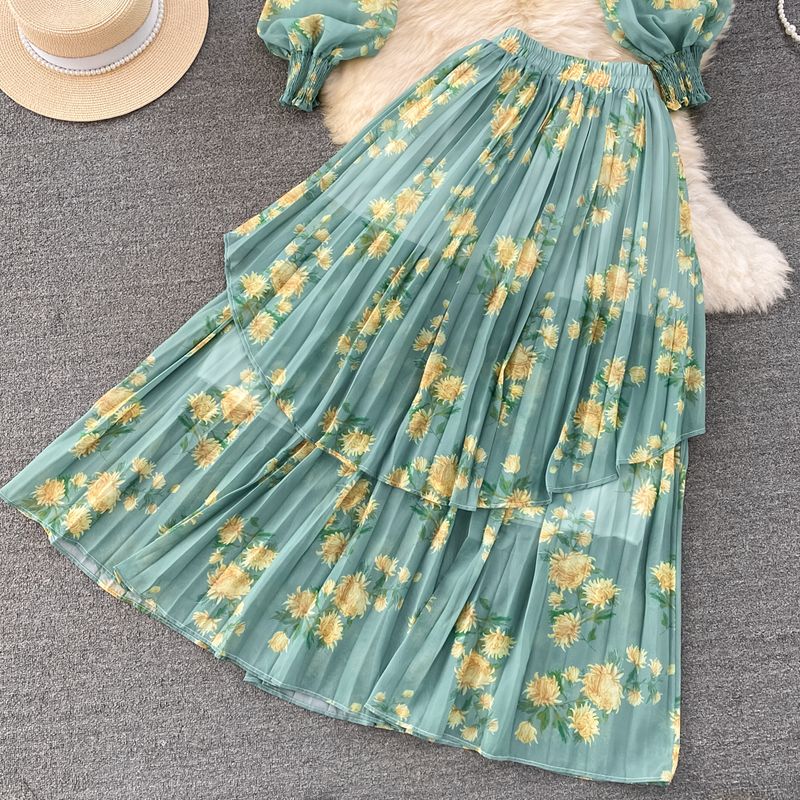 Women's Clothing light mature style, lantern long sleeves, bowknot, loose printed chiffon shirt, two-piece suit, high waist skirt_autovado.com