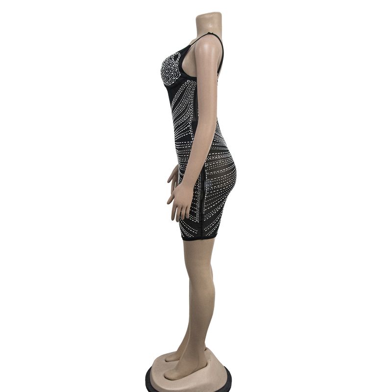 Women's hot diamond mesh suspender sleeveless short skirt dress_autovado.com