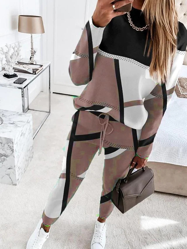 Autumn and winter new women's fashion color matching printed long-sleeved casual women's suit_autovado.com