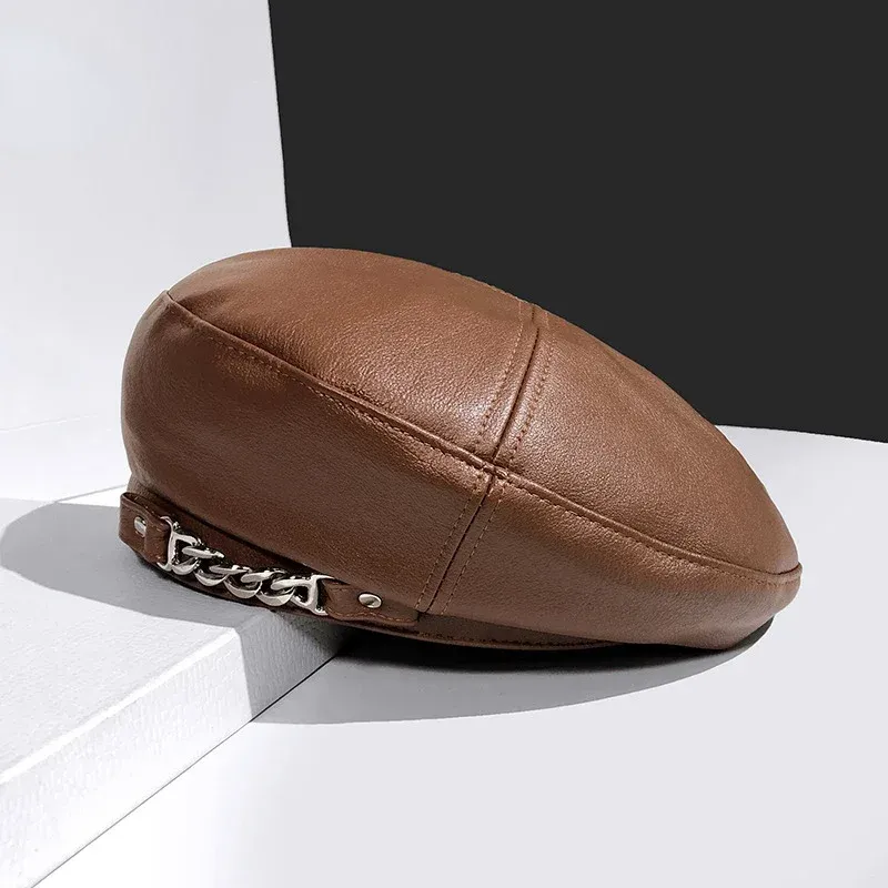 Hot Sale Vintage Women Solid Cap Pu Leather Chain Beret French Artist Warm Beanie Female Ladies All-Match Adjustable Hat_autovado.com