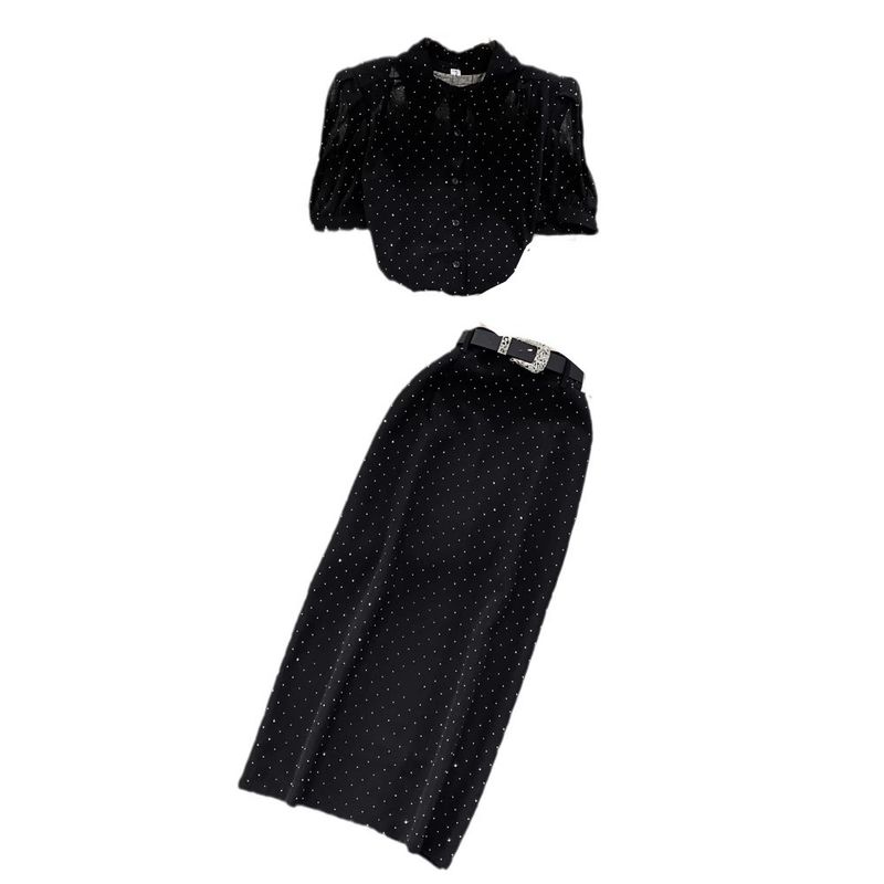 Women's Clothing light mature style, bubble short sleeves, single breasted, polka dot chiffon shirt, two piece suit_autovado.com