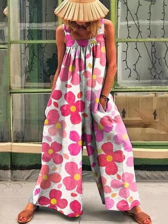 Women's 2023 Summer New Large Fashion Print Loose Strap Wide Leg Jumpsuit_autovado.com