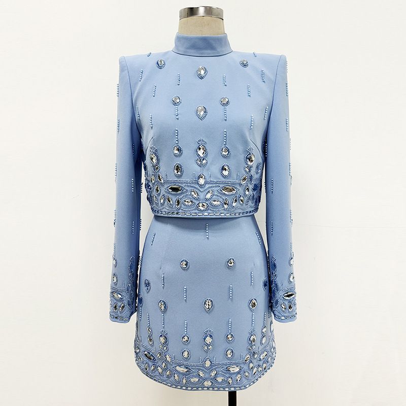 Women's Clothing celebrity fashion new heavy beaded diamond short top skirt suit two piece suit_autovado.com