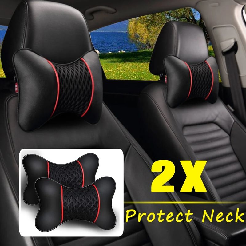 2Pcs PU Leather Knitted Car Pillows Headrest Neck Rest Cushion Support Seat Accessories Auto Black Safety Pillow_autovado.com