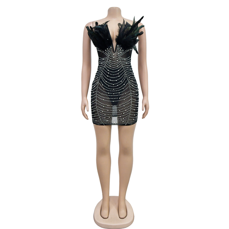 Women's Solid Color Mesh Rhinestone Feather Skirt Dress_autovado.com