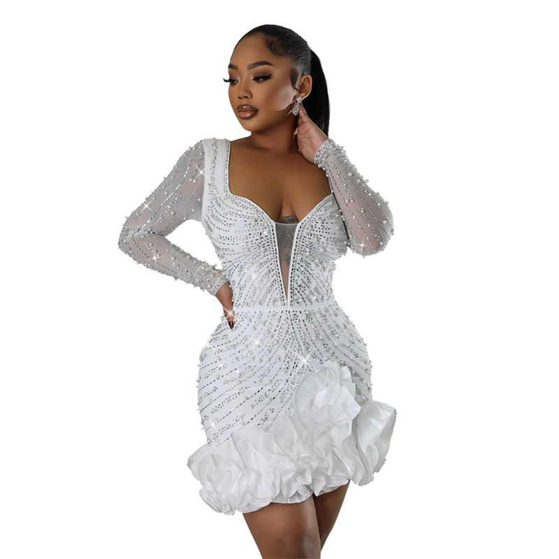 Women's Clothing Hot Diamond And Bubble Bead Dress Short Skirt For Women, Fashionable Long Sleeves And Square Collar_autovado.com