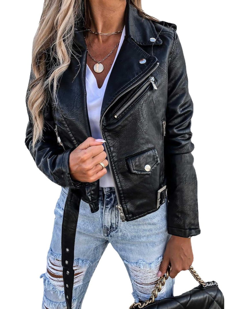 Women's jacket top PU leather jacket motorcycle short zipper_autovado.com