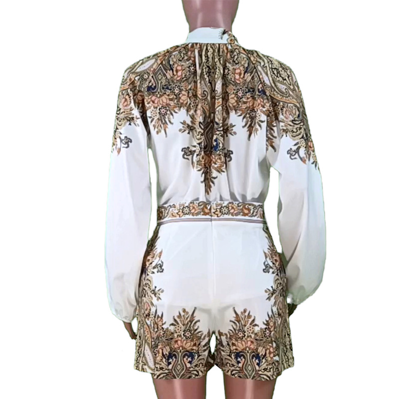 Women's printed long-sleeved blouse and shorts set two-piece_autovado.com
