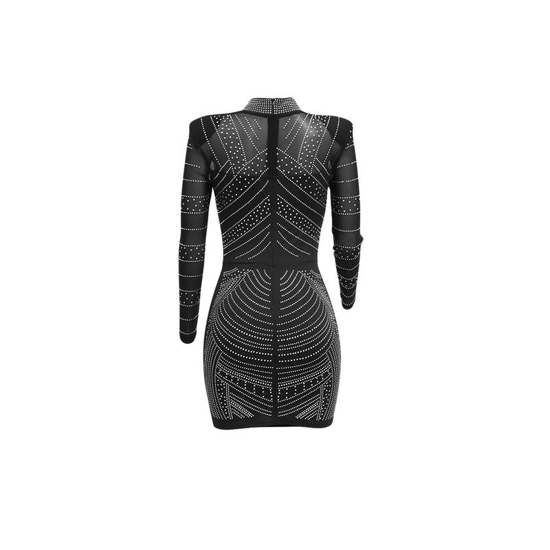 Women's Clothing round neck long-sleeved dress with hollow design on the chest and rhinestone hip party dress_autovado.com