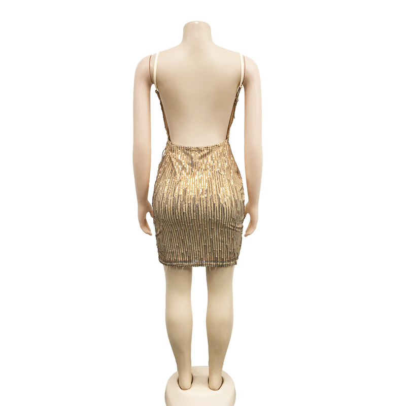 Women's solid color sequined sleeveless V-neck backless dress for women_autovado.com