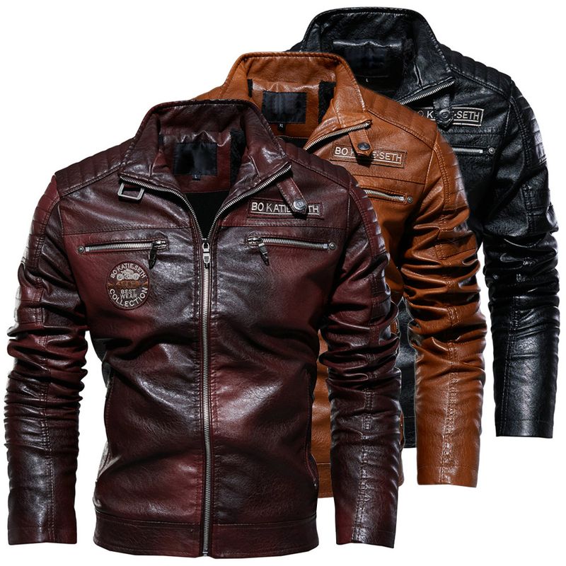 Men's leather jacket pu leather jacket European and American motorcycle clothing fleece leather jacket men_autovado.com