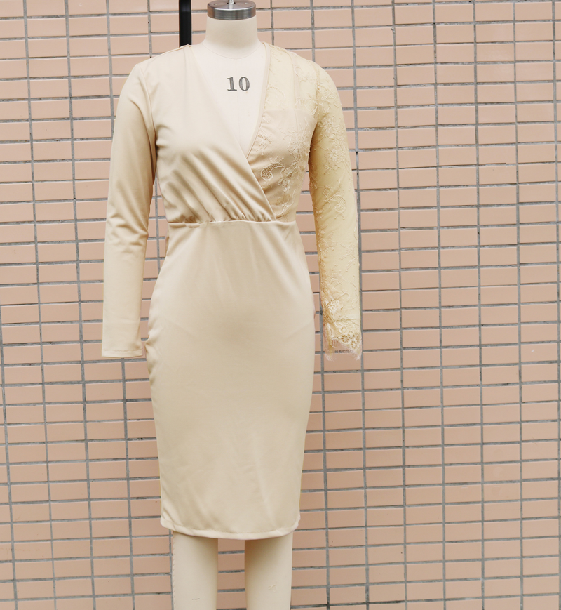 Women's Deep V Neck Long Sleeve Lace Patchwork Slim Fit Hip Wrap Dress_autovado.com